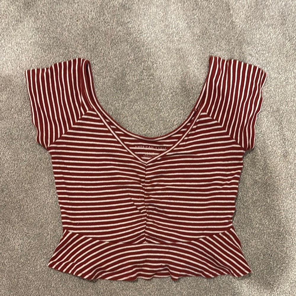 American Eagle Outfitters Red and White Ruched Crop Blouse